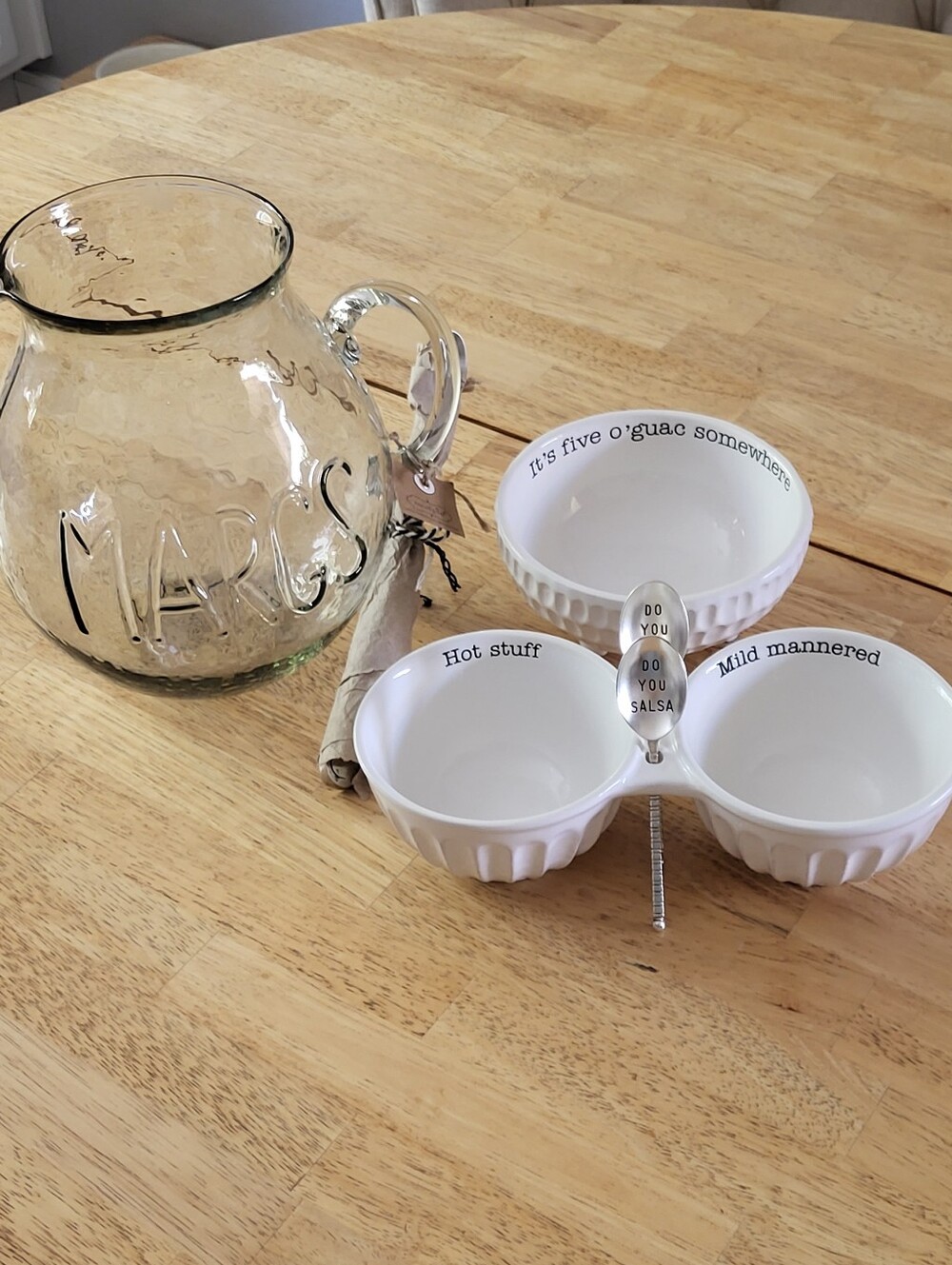 Mud Pie 'Margs' Glass Pitcher with Two White Ceramic Bowls For Salsa & Guacamole